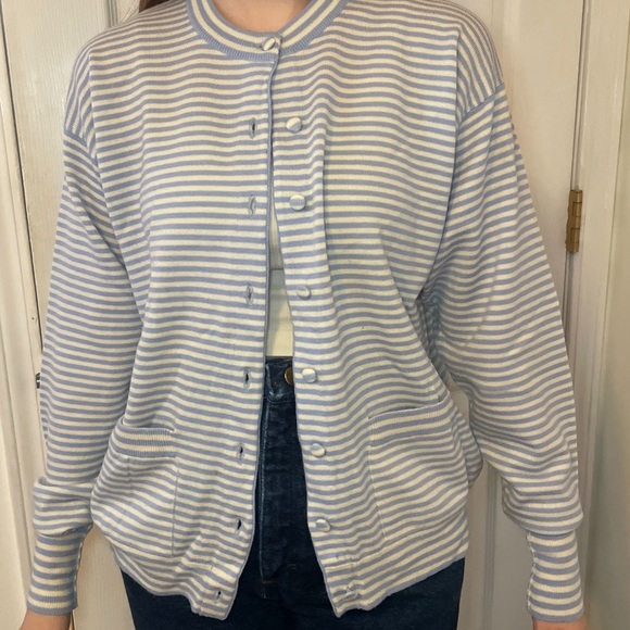 Barrie 100% merino wool blue and white striped button up cardigan with pockets - Picture 6 of 6